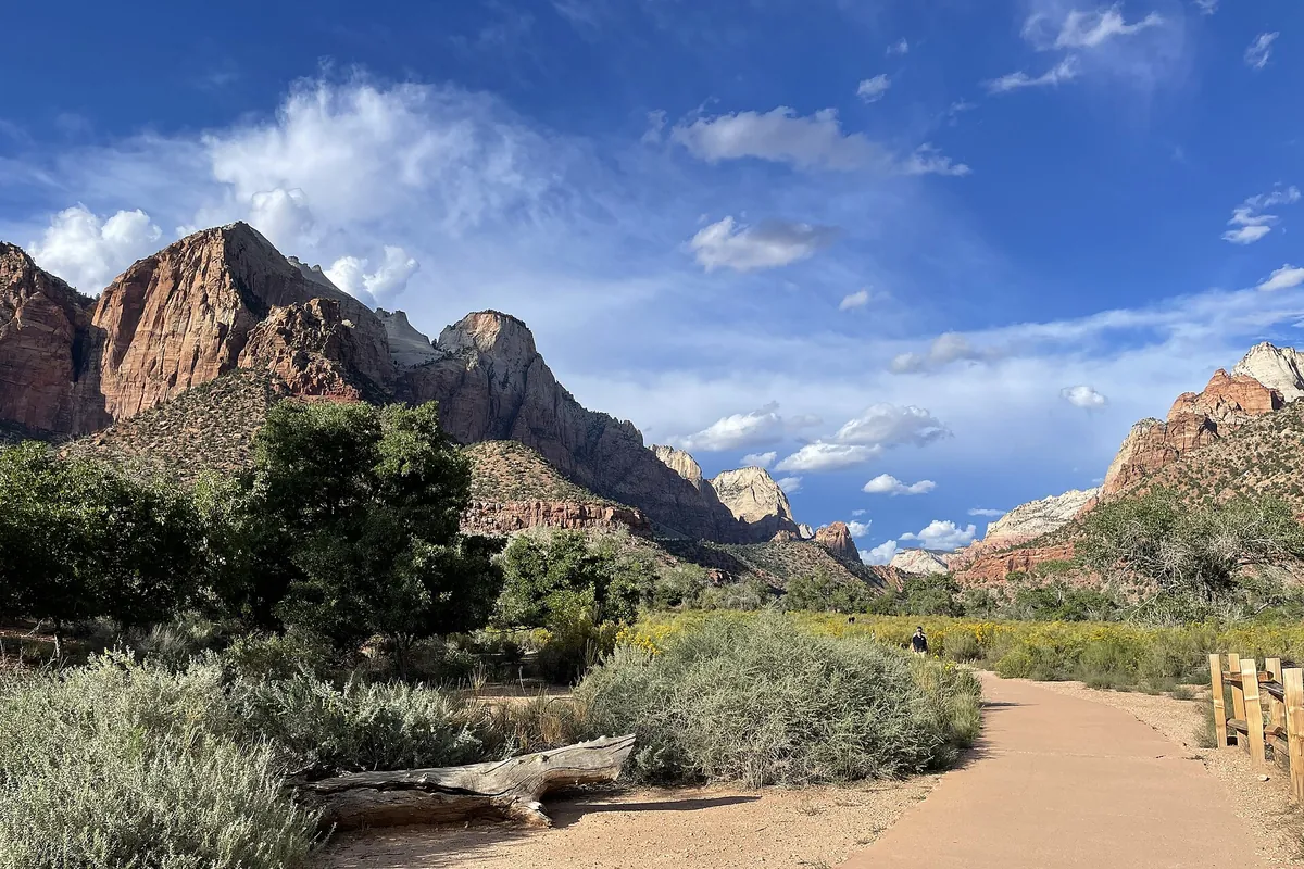 Paved Pa'rus Trail curving past desert scrub toward the peaks of Zion Canyon